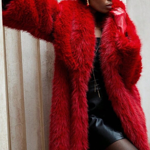 Red Casual Women's Faux Fur Jacket Coat - Picture 6 of 8